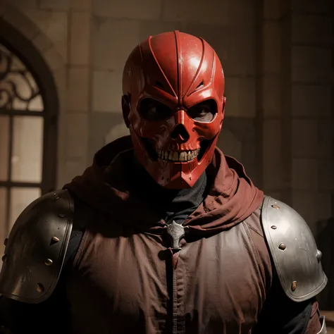 A knight with a red skull mask charged with sanguine energy