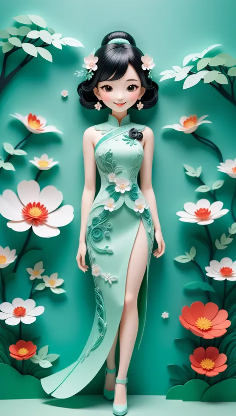 (paper art,layered paper art,paper quilling,paper-cut,paper sculpture), 1 Cheongsam woman，Slender figure，perfectly proportions，Delicate hair accessories, full body, smile，Oriental elements，simple background, mint green,  (Soft Lighting, Bokeh)