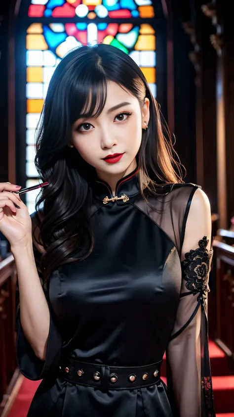 Super detailed、Japanese、charming beauty、seductive adult woman、Beautiful woman、sharp eyes、cool girl、wavy hair、long black cheongsam、wide sleeve、evilの幹部、evil depravity、brainwashing、Mind control、lipstick、grin、evilな表情、evil、empty eyes、evil、church at night、vampir...