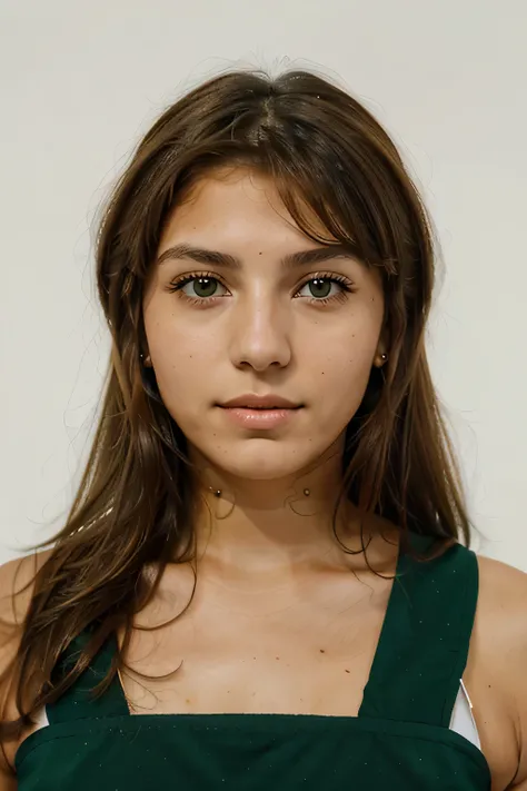 portrait, white background, brunette, (bright green eyes), beautiful, indigenous traits, 21 years old, tanned, looking into camera,passport photograph, ((((Maria Emilia Luiza)))),
