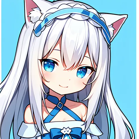 blue and white hair，Blue and white off-shoulder halter top，smile blue eyes，Cat ear headdress for long straight hair，Rich details remove hair accessories，rich background