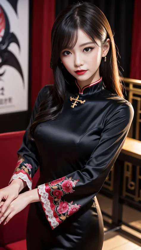 Super detailed、Japanese、charming beauty、seductive adult woman、Beautiful woman、sharp eyes、cool girl、wavy hair、long black cheongsam、wide sleeve、evilの幹部、evil depravity、brainwashing、Mind control、lipstick、grin、evilな表情、evil、empty eyes、evil、church at night、vampir...