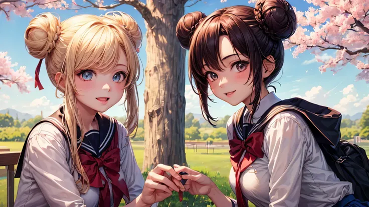 (2 girls:1.2), cute face, shining smile, (double buns:1.2), (school uniform, mini skirt:1.2), (highest quality: 1.4), (Super detailed), (highest quality:1.4), (super detailed), (lush park), Day光, cherry blossoms, Sunny, cloud, Day, blue sky, (anime illustr...