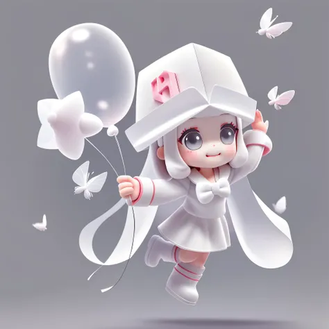 Bubble Mart blind box style，A cute little girl who loves to laugh，Holding two balloons chasing butterflies，Wearing a white box-shaped hat，princess cut hairstyle，Off-white hair，Wearing dark gray skirt and boots