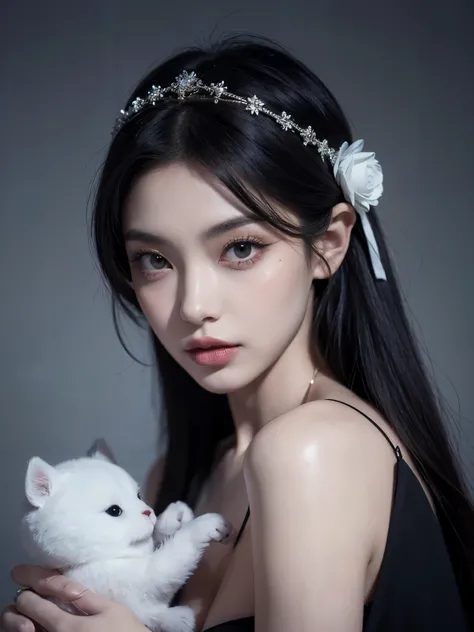 Kim Jennie con el cabello negro oscuro, con rulos en las puntas del cabello negro oscuro, con un ganchito de estrella en el cabello negro oscuro, ojos de color claro, ojos bonitos, nariz bonita y respingada, labios bonitos, labios rosas, heart and cupid sh...