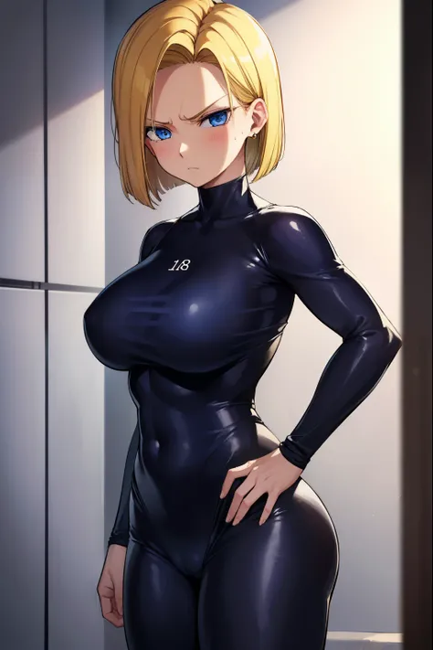 highest quality, High resolution, AND18, 1 girl, android 18, alone, golden hair, blue eyes, short hair,earrings,big breasts, frown,troubled face, Sweat,1 girl, Black tight suit, streak,looking at the viewer,thrust one&#39;s butt at the viewer,backwards