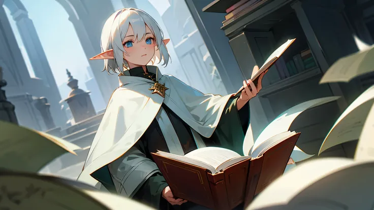  A white-haired elf mage read a book.