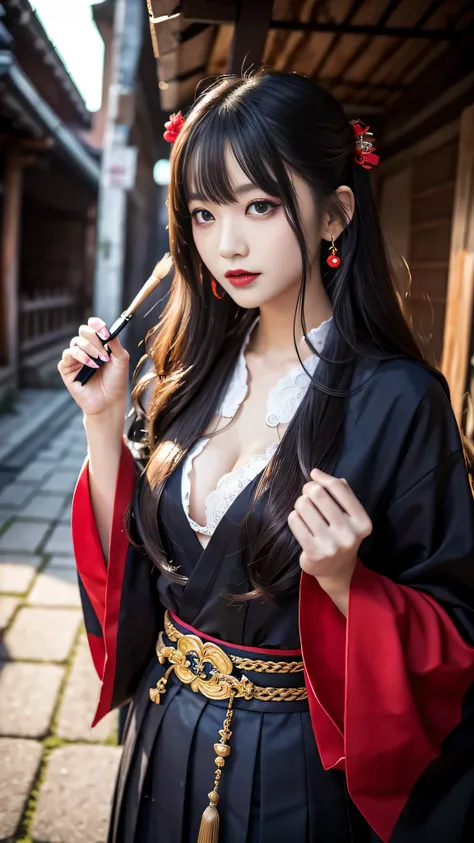 Super detailed、Japanese、charming beauty、seductive adult woman、Beautiful woman、sharp eyes、cool girl、wavy hair、shrine maiden costume、LED skirt、wide sleeve、evilの幹部、evil depravity、brainwashing、Mind control、lipstick、grin、evilな表情、evil、empty eyes、evil、Inside a di...