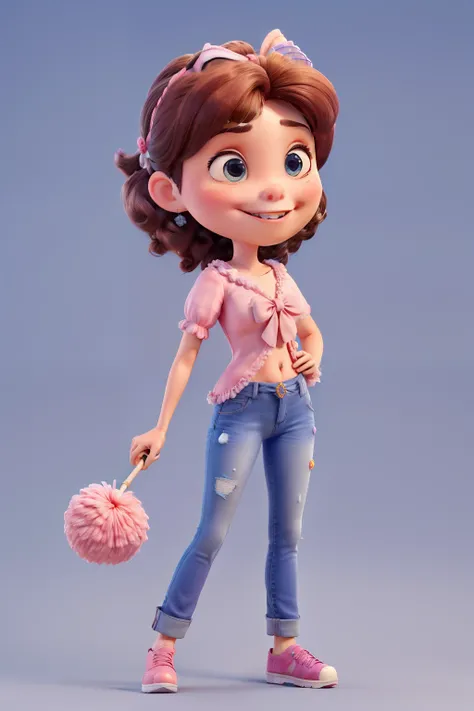 Quero estilo 3d pixar com uma mulher de cabelo longo, tied with two bows, standing full length, with brush in right hand, vestindo um  rosa e jeans azul, tiara de pompom, rosa choque, sapatos altos pretos, fundo branco