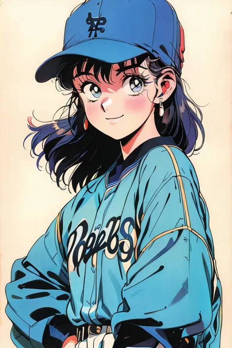 1 girl,baseball Ground、dodgers uniform、wearing a dodgers hat、smile、cute japanese woman、vintage、style、1990 年代のアニメ style