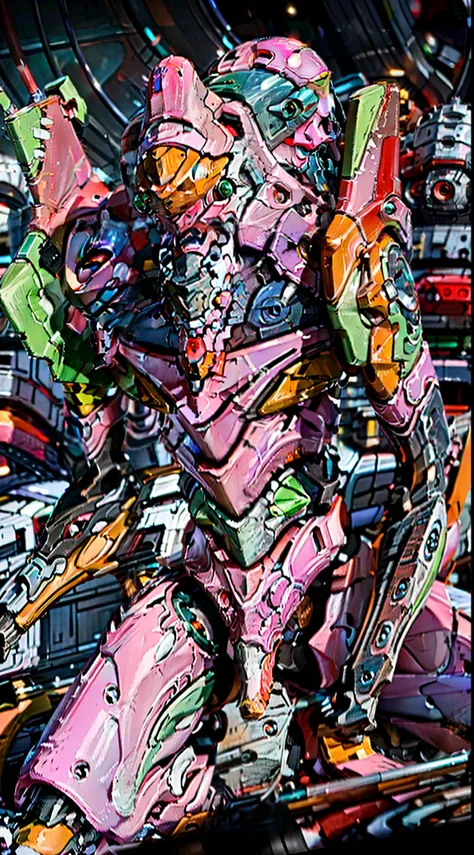 (Eva 02), God Eva, Evangelion Mecha, Science Fiction, Looking at the Audience, 3d Rendering, (Official Art, Best Quality, Masterpiece: 1.2), Illustration, High Resolution, Beautiful Abstract Background, Futurism, Cyberpunk, Intense Angle,