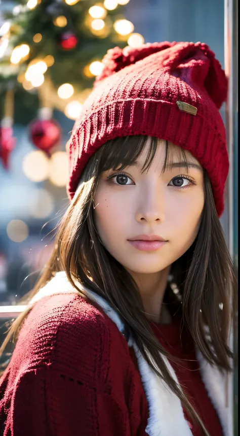 stand in front of a Christmas show window, japanese woman, Beautiful girl in camisole, knit hat, pupils shine, long silver hair, Depth of the bounds written, f/1.8, anatomically correct, rough skin, Super detailed, advanced details, high quality, Super det...