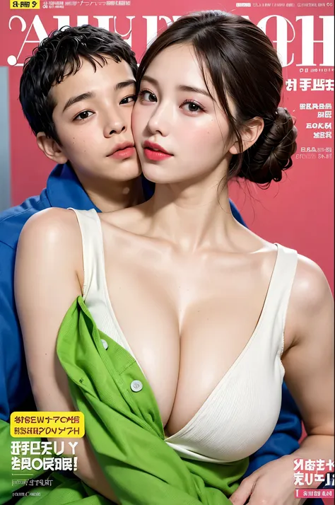 (colorful adult magazine cover with lots of text)，(close-up:1.2)，pajamas， 1girl，grasp by hand，(mother and son:1.5)，(kiss:1.2)，(a...