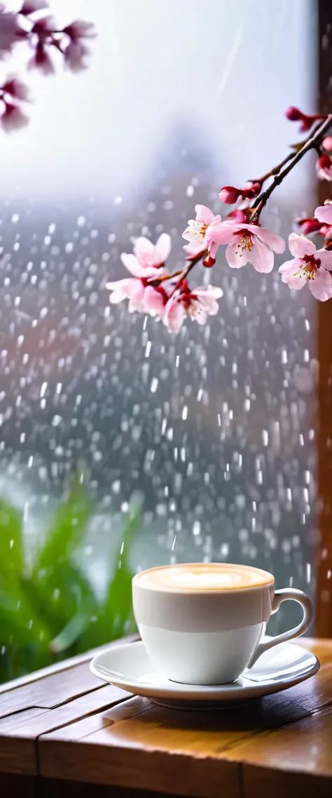 It&#39;s raining.bokeh background的樹枝上櫻花的特寫,Latte coffee on wooden table inside window:1.8.(Nico Henriken) photos taken, no splash, romanticism,Crimson cherry blossoms in bloom , Cherry blossom season, bright, Fresh and contrasting, beautiful light and shad...