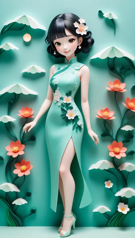 (paper art,layered paper art,paper quilling,paper-cut,paper sculpture), 1 Cheongsam woman,Slender figure,perfectly proportions,Delicate hair accessories, full body, smile,Oriental elements,simple background, mint green, (Soft Lighting, Bokeh)