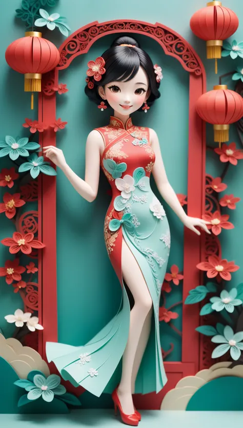(paper art,layered paper art,paper quilling,paper-cut,paper sculpture), 1 Cheongsam woman,Slender figure,perfectly proportions,Delicate hair accessories, full body, smile,Oriental elements,simple background, mint red, (Soft Lighting, Bokeh)