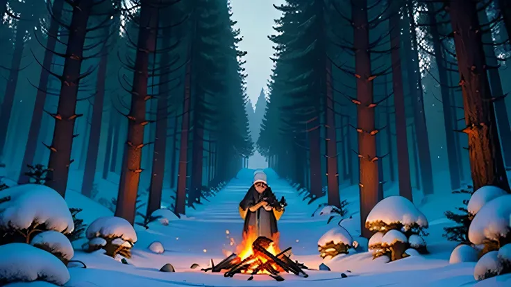 (masterpiece, bonfire、A heartwarming depiction of a girl wearing winter clothes and a beanie hat, Warm yourself by the campfire on quiet nights:1.3), (I carefully captured the pleasant atmosphere of a winter night.。:1.2), (A black-haired girl wearing glass...