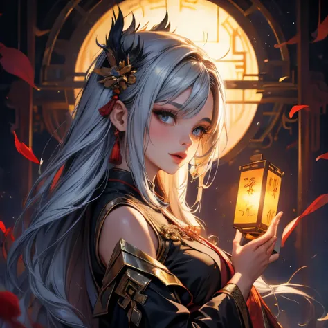 ultra-high detail, cinematic, dark fantasy, fairy tale, girl with a paper lantern, Hanfu, Chinese forest temple, luminous flowers, floating petals, night, magical forest, aesthetics of northern fairy tales, realistic anime painting, luminism, detailed oil ...