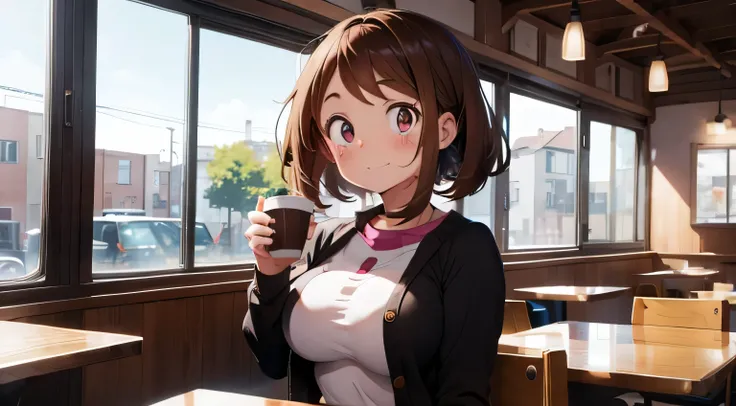 Ochako uraraka nude, tetas grandes, buen cuerpo, mostrando tetas, cuerpo completo, Coffee shop, 