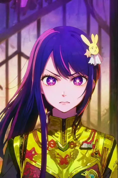 masterpiece high quality best quality angry Hoshino Ai, long hair, purple hair, streaked hair ,purple eyes, star-shaped pupils, hair ornament,