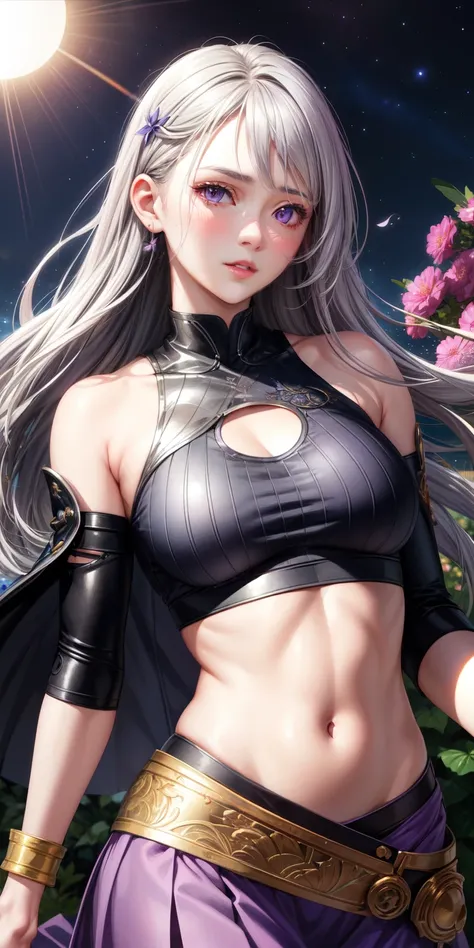 realistic, 1 girl, gray hair, purple eyes, shining eyes, crop top, skirt, parted lips, blush, night, flowers, sun, sunlight,