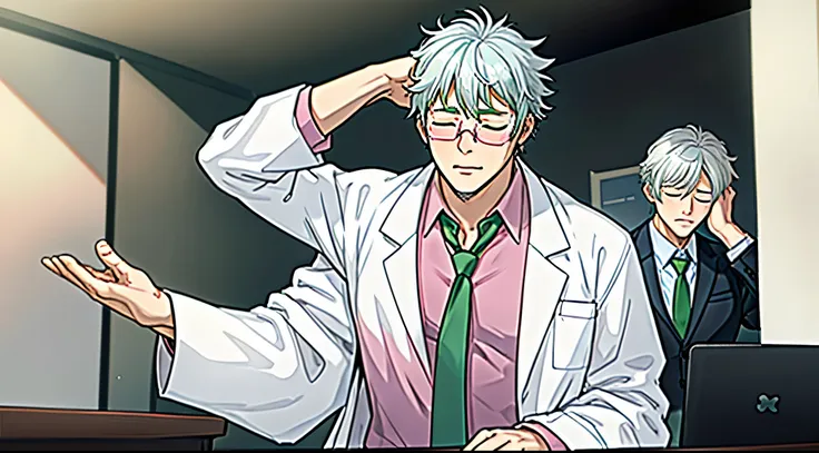 silver-haired guy wearing medical glasses, wearing a white lab coat and black and pink shirt with a green tie, he is shy, rubbin...