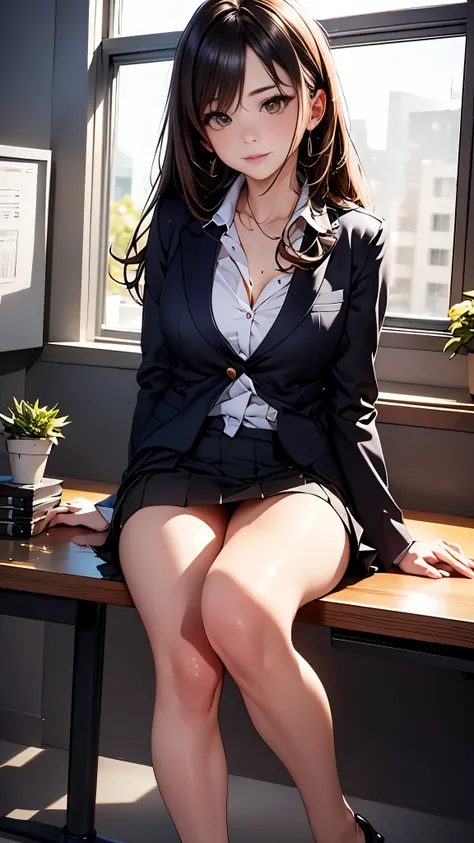 highest quality, table top, beautiful mature women、beautiful face、Faint-hearted woman、office suit、tight mini skirt、brown haired、brown eyes、long hair、smaller eyes、Looks like a whole body