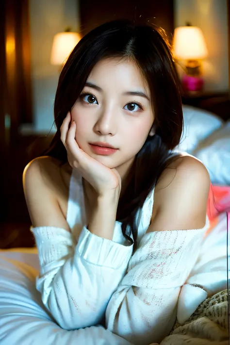 there is a woman laying on a bed with her hands on her face, young cute wan asian face, young asian girl, young adorable korean face, korean girl, beautiful young korean woman, girl cute-fine-face, gorgeous young korean woman, a young asian woman, beautifu...