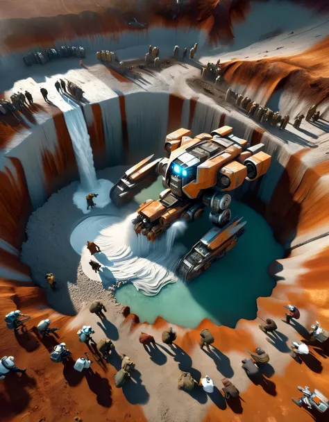 3D rendering: A huge old mecha is being dragged out of a huge, super-deep pit by multiple people, covered in rust and dirt, Shattered corpses, sand and gravel, archaeological pit,（（Many surprised spectators looked at the camera with their mouths wide open....