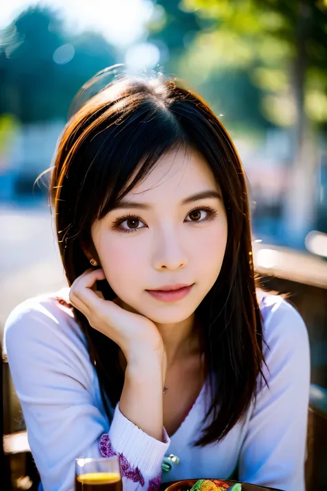 there is a woman sitting at a table with her hand on her chin, with short hair, 🤤 girl portrait, mai anh tran, headshot profile picture, a young asian woman, captured on canon eos r 6, sakimi chan, anime thai girl, joy ang, shot with sigma f/ 4.2, shot wit...