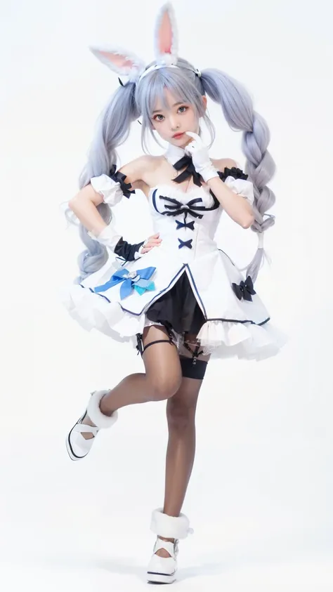 a close up of a person in a dress with a rabbit ears, azur lane style, frostbite 3 rendering, live2d virtual YouTuber model, twin tails white_gloves, From the Azur Lane video game, April rendering, I deny that matter, Anime Vtuber full body model, !!full b...