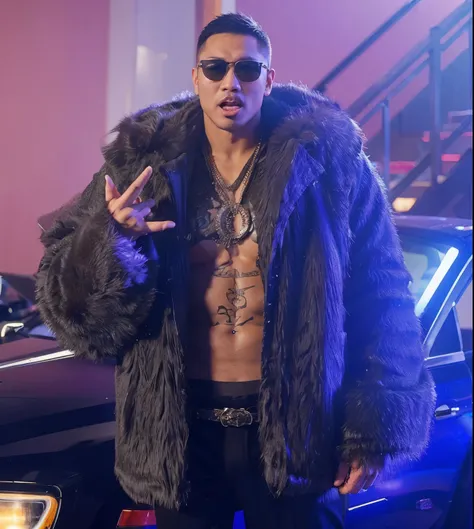 Muscular handsome short-haired Asian man wearing thick fur and sticking his tongue out to seduce