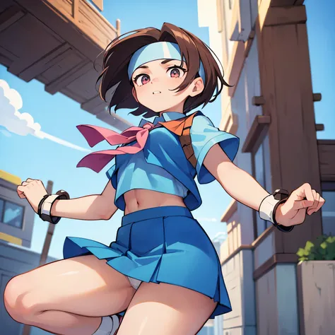 1girl, highest quality, best shadow, angle, brown pupils, breeze blow, (anime style), ((reflection light)), ((best quality)), 1080p, Detailed small breasts, Realistic skin feeling, headband, blue top, blue blouse, (pleated super short skirt:1.3), (mini ski...