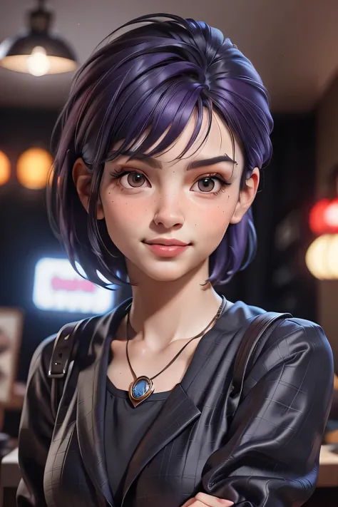 masterpiece, best quality, 3d rending work, 3DMM style, close-up, portrait, 3d, solo, purple hair, necklace, freckles, jewelry, two-tone hair, looking to the side, realistic, upper body, coffee shop and rainy outside background, bangs, looking away, ultra ...