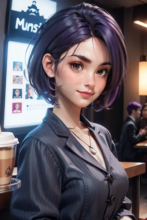 masterpiece, best quality, 3d rending work, 3DMM style, close-up, portrait, 3d, solo, purple hair, necklace, freckles, jewelry, two-tone hair, looking to the side, realistic, upper body, coffee shop and rainy outside background, bangs, looking away, ultra ...