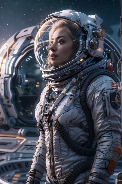 masterpiece, desolated planet landscape, solitary female astronaut, a beautiful 25 years old european blonde woman, space and st...