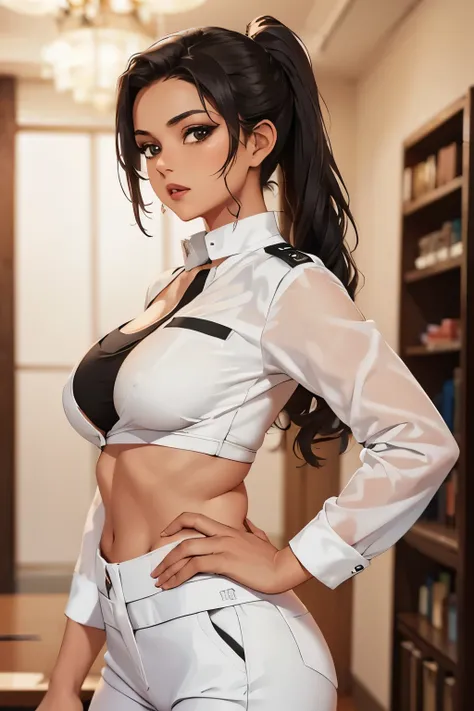 (masterpiece, best quality, detailed illustration, high resolution), ((1girl, solo)), ((huge breasts, slim waist, long legs, fit body, toned body)), ((black hair)), ((police uniform)), ((full body, closeup view)), ((standing)), ((looking at the viewer, fac...