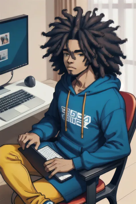 a african-american anime like young guy with a coiling long afro hair sitting in a video game type of chair with a well designed laptop on the table in front of him, wearin a black hoodie, with a headphone around his neck, the background should be like stu...