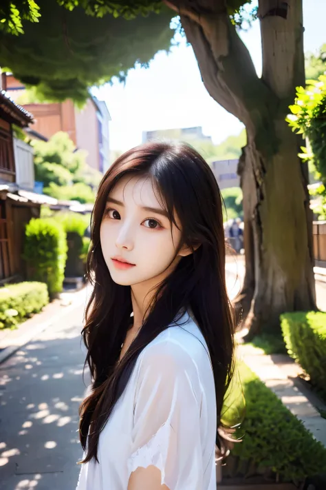 there is a woman with long hair wearing a white shirt, ulzzang, korean girl, heonhwa choe, sakimichan, xintong chen, sun yunjoo, lee ji - eun, lee ji-eun, wenfei ye, jaeyeon nam, park ji-min, jinyoung shin, chiho, yun ling, gongbi