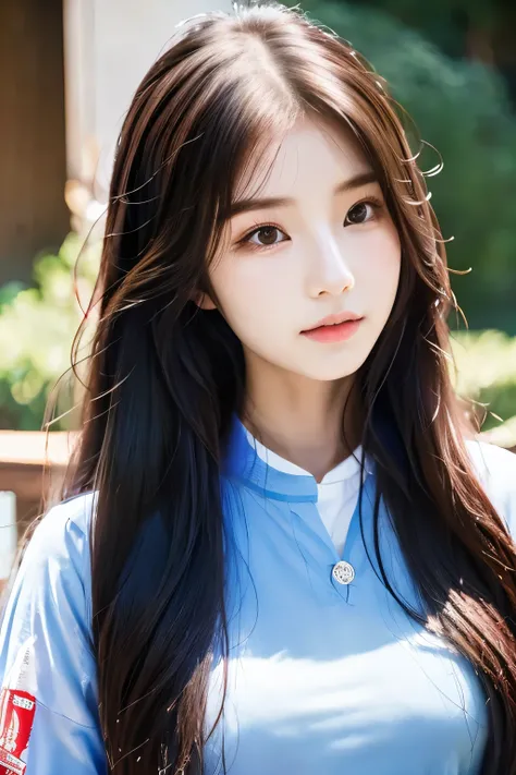 there is a woman with long hair wearing a blue red shirt, ulzzang, korean girl, heonhwa choe, sakimichan, xintong chen, sun yunjoo, lee ji - eun, lee ji-eun, wenfei ye, jaeyeon nam, park ji-min, jinyoung shin, chiho, yun ling, gongbi