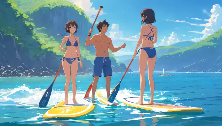 A girl in a bikini and a boy in a swimsuit are playing stand-up paddling on the ocean