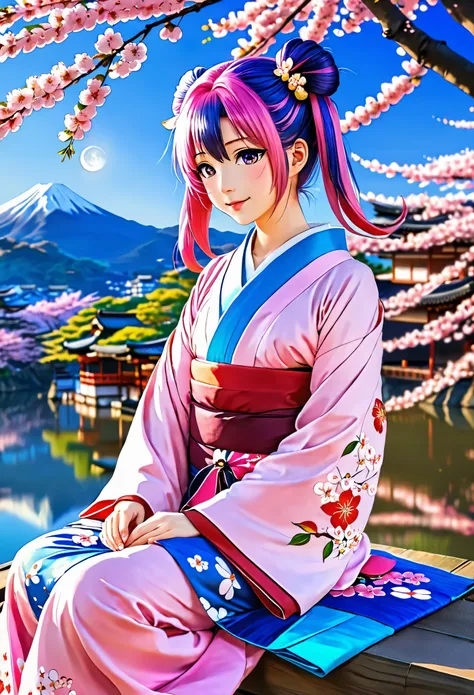 anime, one girl, colorful hair,pink hair and blue hair、 twin tails, pink eyes, color、Kyoto, Cherry tree、petal、moon,  kimono、off shoulder、sitting, alone,