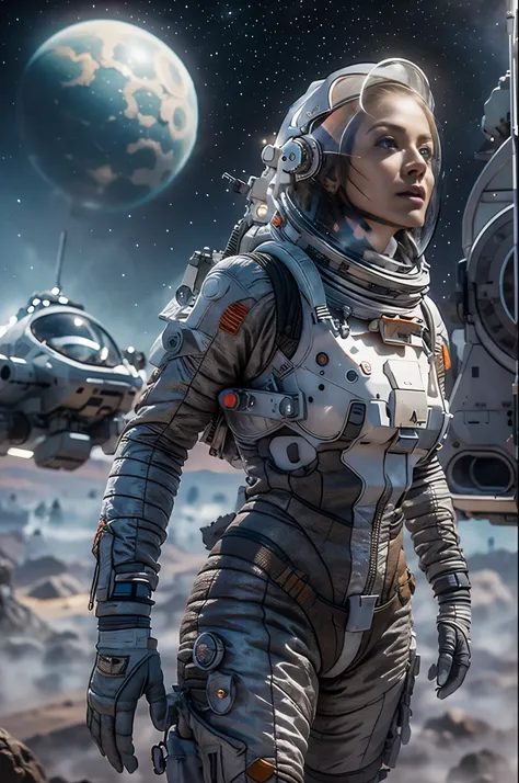 masterpiece, a beautiful 25 years old european blonde woman, solitary female astronaut, desolated planet landscape, space and st...