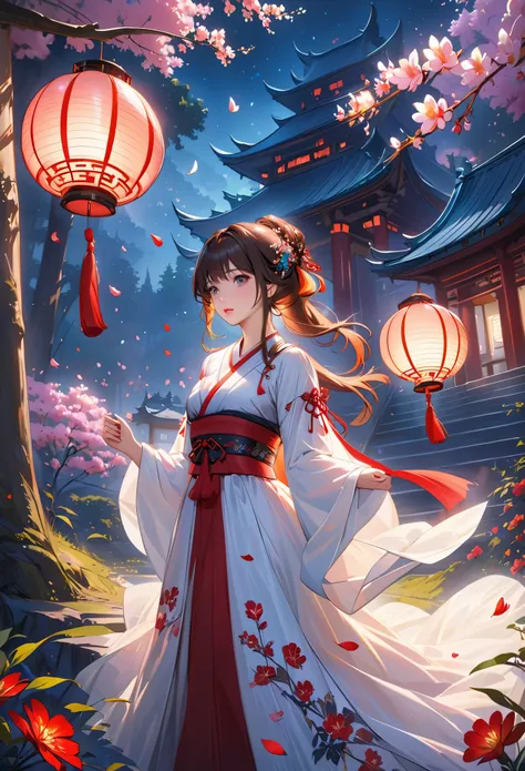 ultra-high detail, cinematic, dark fantasy, fairy tale, girl with a paper lantern, Hanfu, Chinese forest temple, luminous flowers, floating petals, night, magical forest, aesthetics of northern fairy tales, realistic anime painting, luminism, detailed oil ...