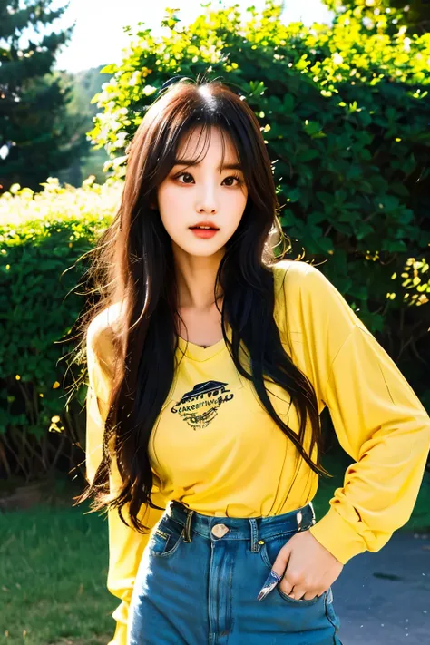 there is a woman with long hair wearing a Yellow shirt, ulzzang, korean girl, heonhwa choe, sakimichan, xintong chen, sun yunjoo, lee ji - eun, lee ji-eun, wenfei ye, jaeyeon nam, park ji-min, jinyoung shin, chiho, yun ling, gongbi