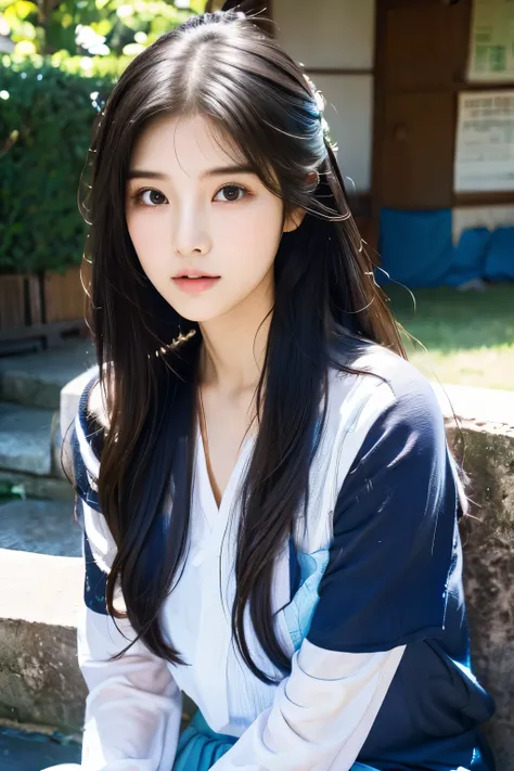 there is a woman with long hair wearing a white and blue shirt, ulzzang, korean girl, heonhwa choe, sakimichan, xintong chen, sun yunjoo, lee ji - eun, lee ji-eun, wenfei ye, jaeyeon nam, park ji-min, jinyoung shin, chiho, yun ling, gongbi