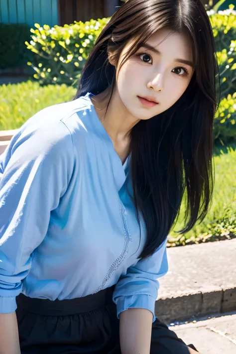 there is a woman with long hair wearing a white and blue shirt, ulzzang, korean girl, heonhwa choe, sakimichan, xintong chen, sun yunjoo, lee ji - eun, lee ji-eun, wenfei ye, jaeyeon nam, park ji-min, jinyoung shin, chiho, yun ling, gongbi