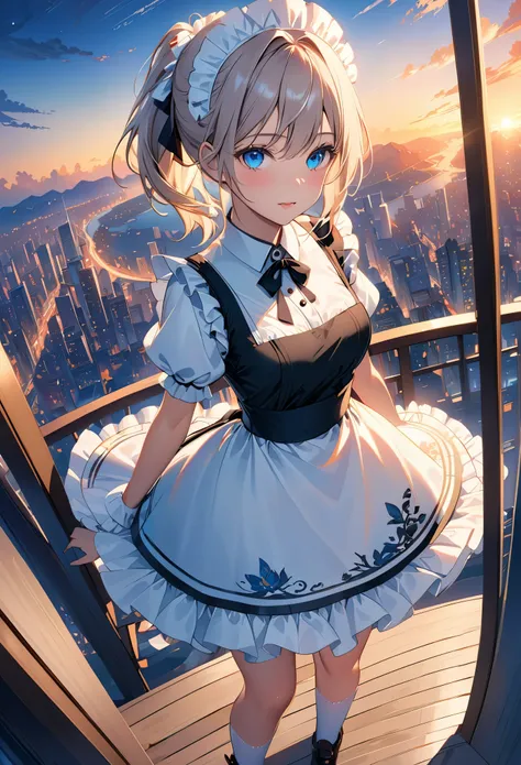 {{{{{Maid looking at the night view from the top of the tower}}}}}, High quality background, HD game background CG, two-dimensional, God{{{{{Anime style face}}}}}, One maid, long silhouette, masterpiece, best quality, 32k, Ultra-detailed, delicate blue eye...