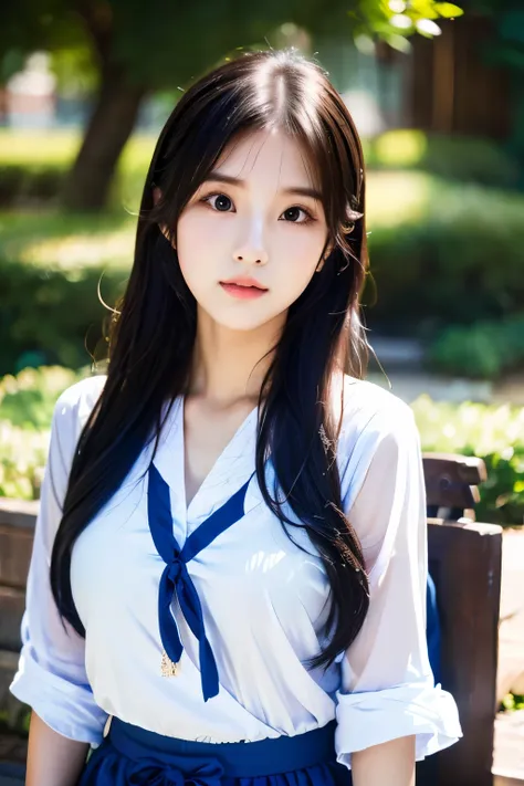 there is a woman with long hair wearing a white and blue shirt, ulzzang, korean girl, heonhwa choe, sakimichan, xintong chen, sun yunjoo, lee ji - eun, lee ji-eun, wenfei ye, jaeyeon nam, park ji-min, jinyoung shin, chiho, yun ling, gongbi, idol