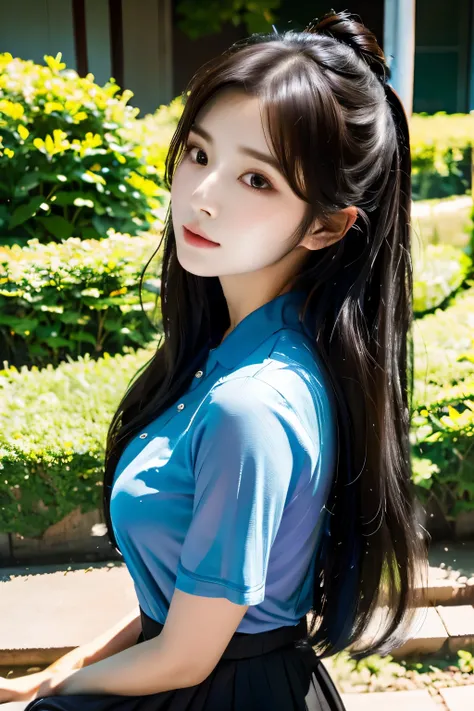 there is a woman with long hair wearing a black and blue shirt, ulzzang, korean girl, heonhwa choe, sakimichan, xintong chen, sun yunjoo, lee ji - eun, lee ji-eun, wenfei ye, jaeyeon nam, park ji-min, jinyoung shin, chiho, yun ling, gongbi